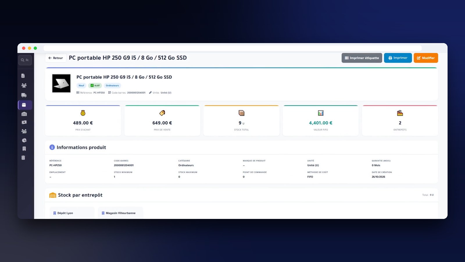 Fiche produit : stock par entrepôt et historique des mouvements